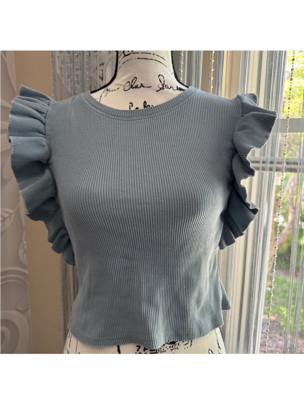 Zara Light Blue Ribbed Ruffle Sleeve Crop Top - Picture 2 of 6